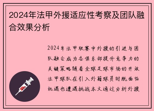 2024年法甲外援适应性考察及团队融合效果分析